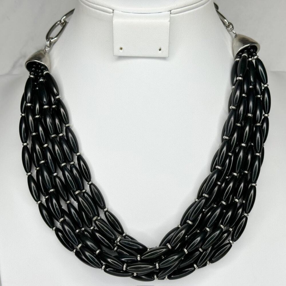 Chicos Multi Strand Black Oval Bead Bib Statement Necklace Silver Tone ✨